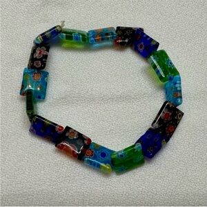 Murano Millefiori Glass Tile Bracelet - Multicolor Floral Design